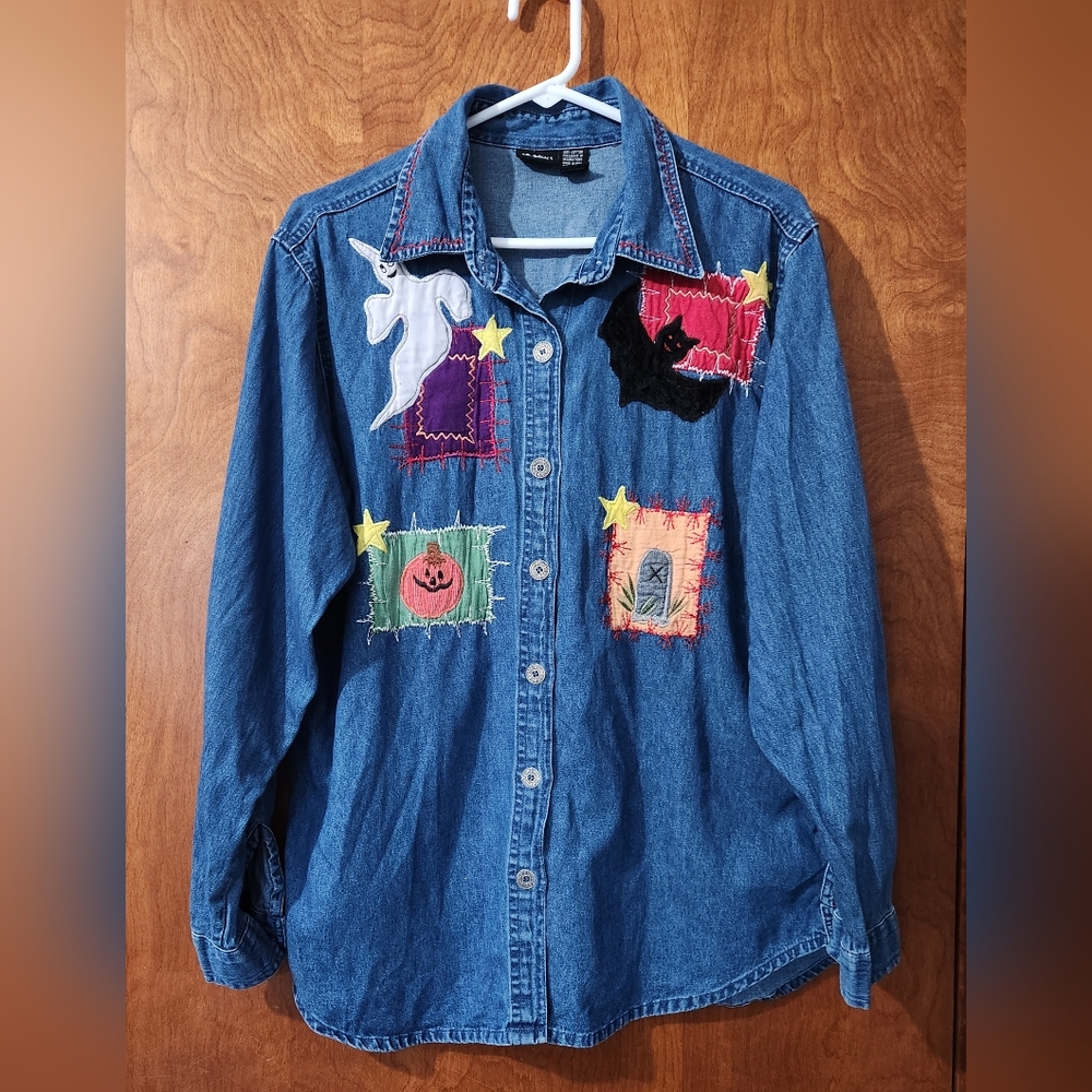 Vintage PB Basics Fall/Halloween Themed Button Up Denim Shirt